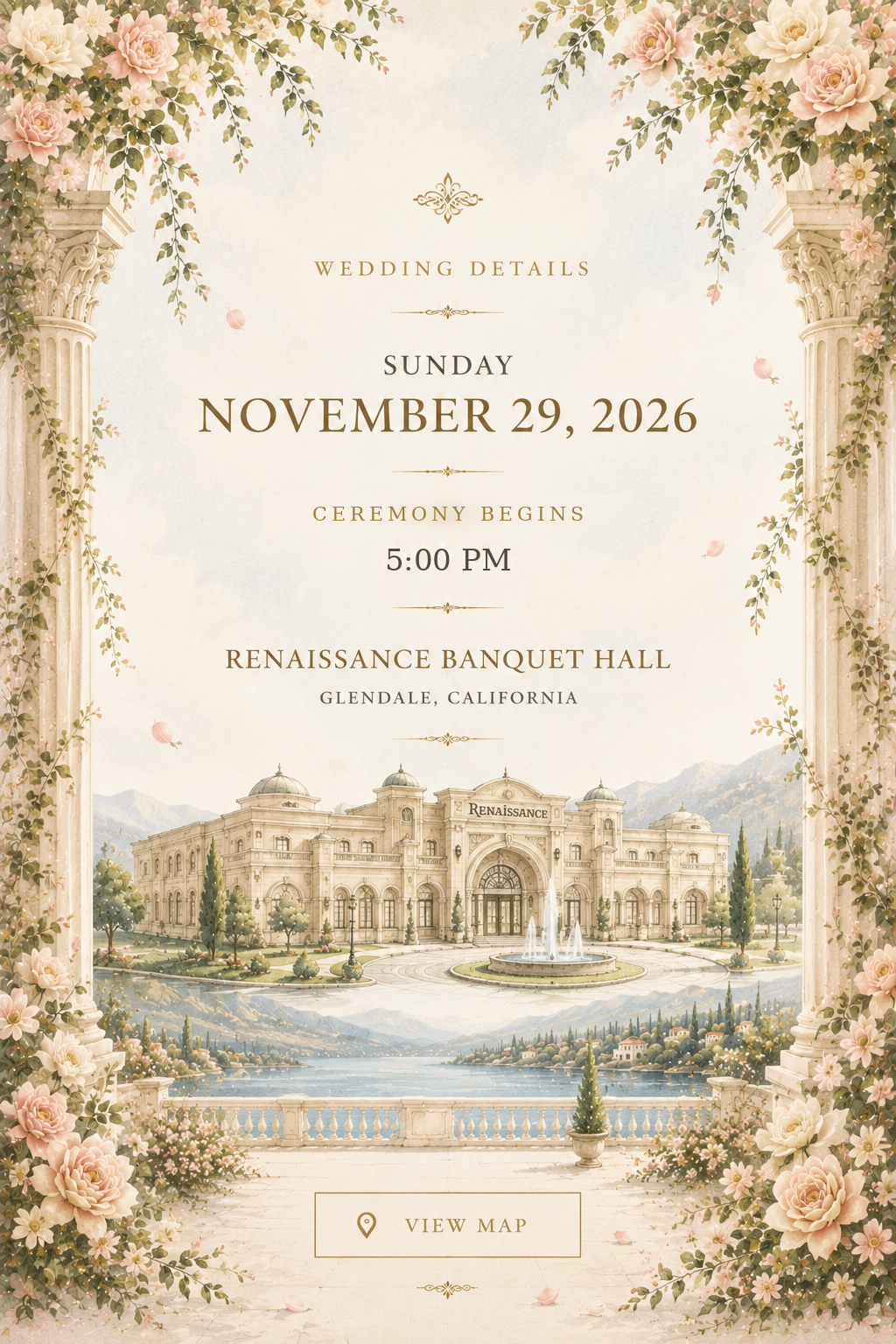 Wedding details: Sunday, November 29, 2026 at 5 PM, Renaissance Banquet Hall in Glendale, California.